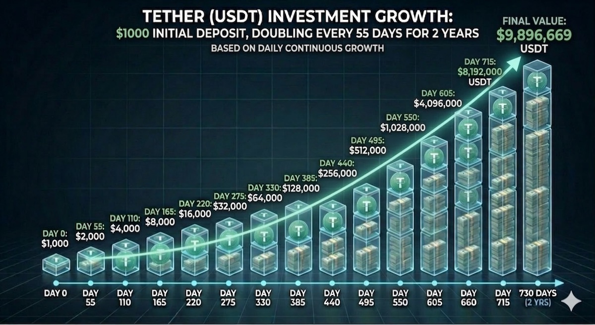 Tether USDT Investment Growth — $1,000 initial deposit doubling every 55 days for 2 years to $9,896,669