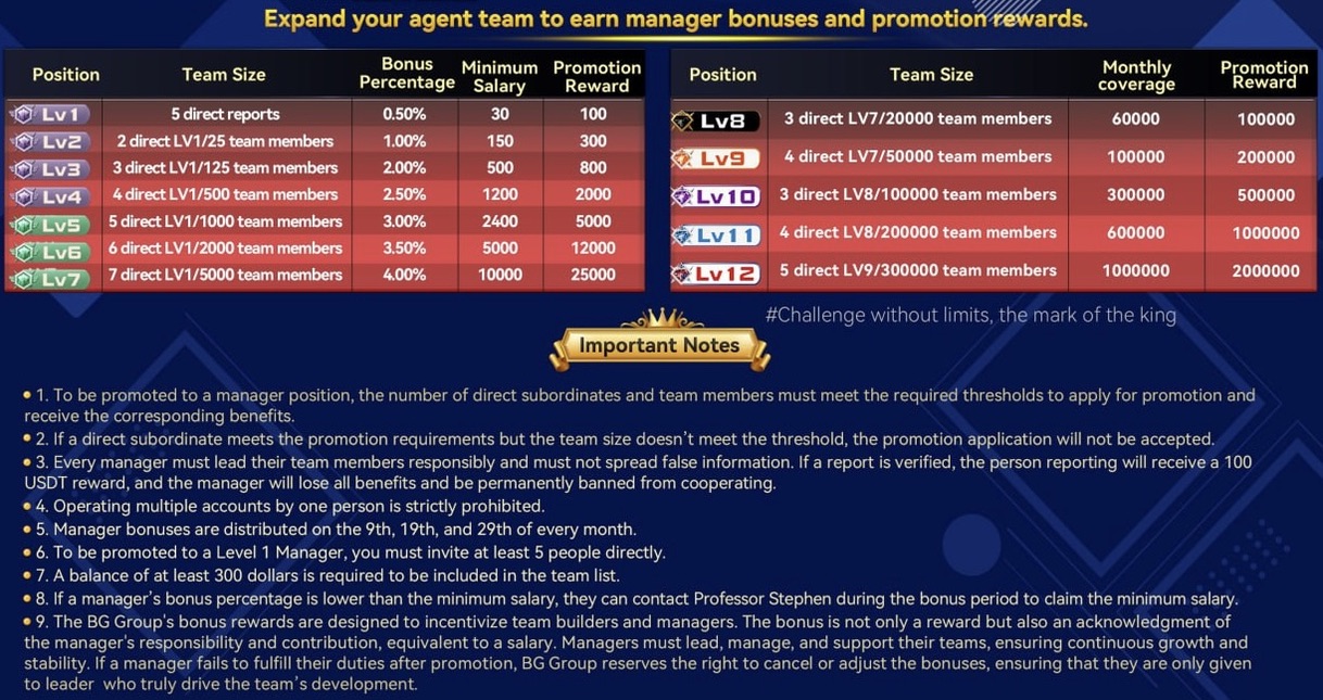 Manager level structure — Lv1 through Lv12 with bonus percentages, salaries, and promotion rewards